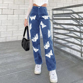 Vintage Broad Legs Trousers Butterfly Print Pants High Waist Slim Jeans Denim Pants Women Trousers Cargo Pants Black Streetwear